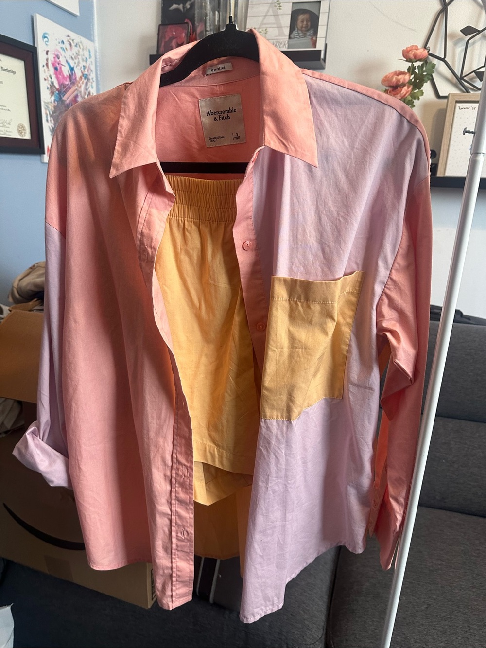 Abercrombie & Fitch Pink and Yellow Colorblock Button-Down Shirt and shorts.